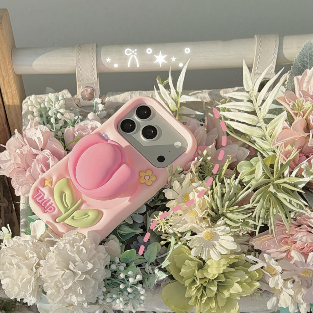 KEYSION Cute Cartoon 3D Tulip Flower Phone Case for iPhone 13 14 15 16 17 Pro Max Soft Silicone KickStand Shockproof Back Cover