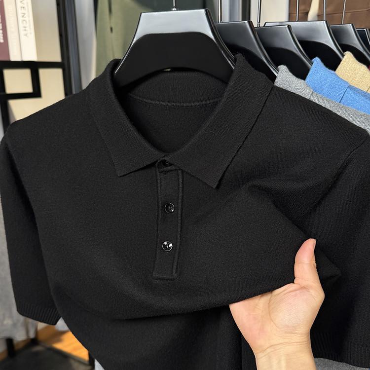 Men s Short-Sleeve Solid Color Knit Polo Shirt with Lapel L