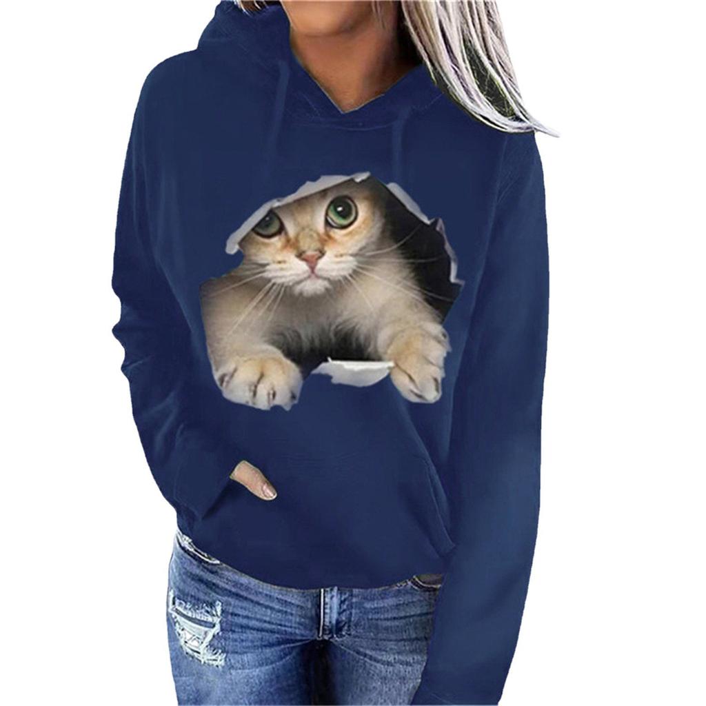 Spring And Autumn Popular European And American Women Animal Cat Pattern Hooded Sweater Fashion Trend Sweater