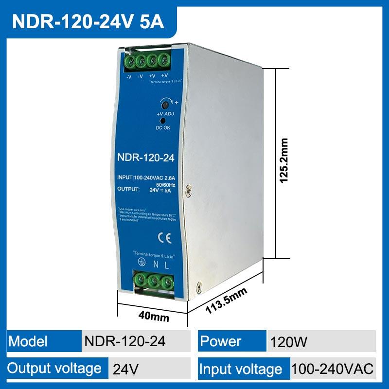 12V 24V 48V NDR120W 100-120VAC/180-240VAC Industrial DIN Rail Mounted AC TO DC Single Output Switching Power Supply