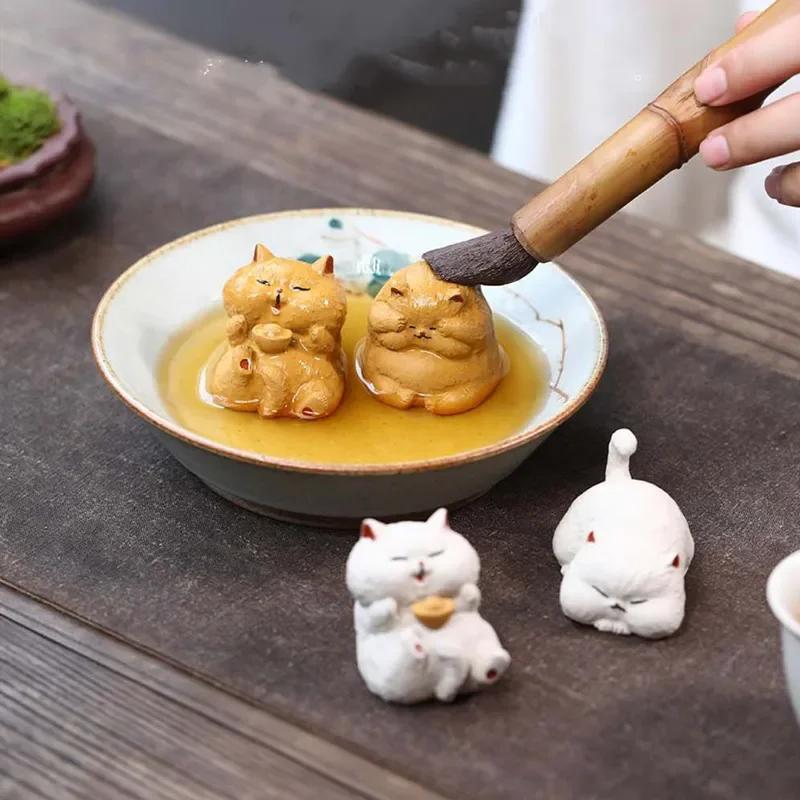 Chinese Yixing Purple Clay Sculpture Tea Pet Cute Lucky Cat Statue Decor Tea Figurine Desktop Ornaments  Tea Set Decoration
