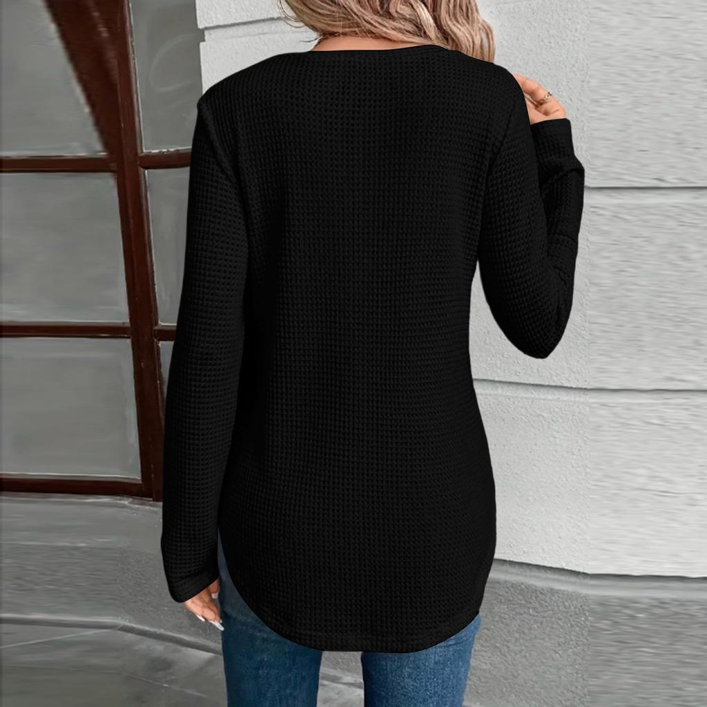 Women's Fashion Casual V-Neck Button Pineapple Plaid Long Sleeve T-Shirt Top