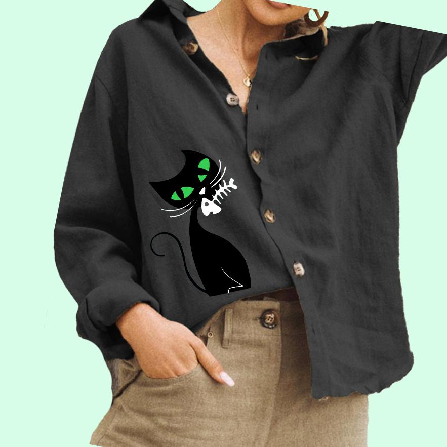 

Женская мода с принтом кота, повседневная рубашка из хлопка и льна, женская блузка на пуговицах 2XL