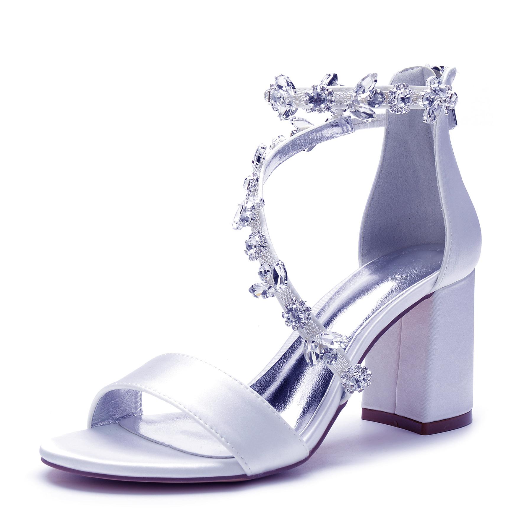 

Large size one-word with thick heel women s sandals 8cm satin rhinestone high heel sandals blue rhinestone women s shoes 35 білий