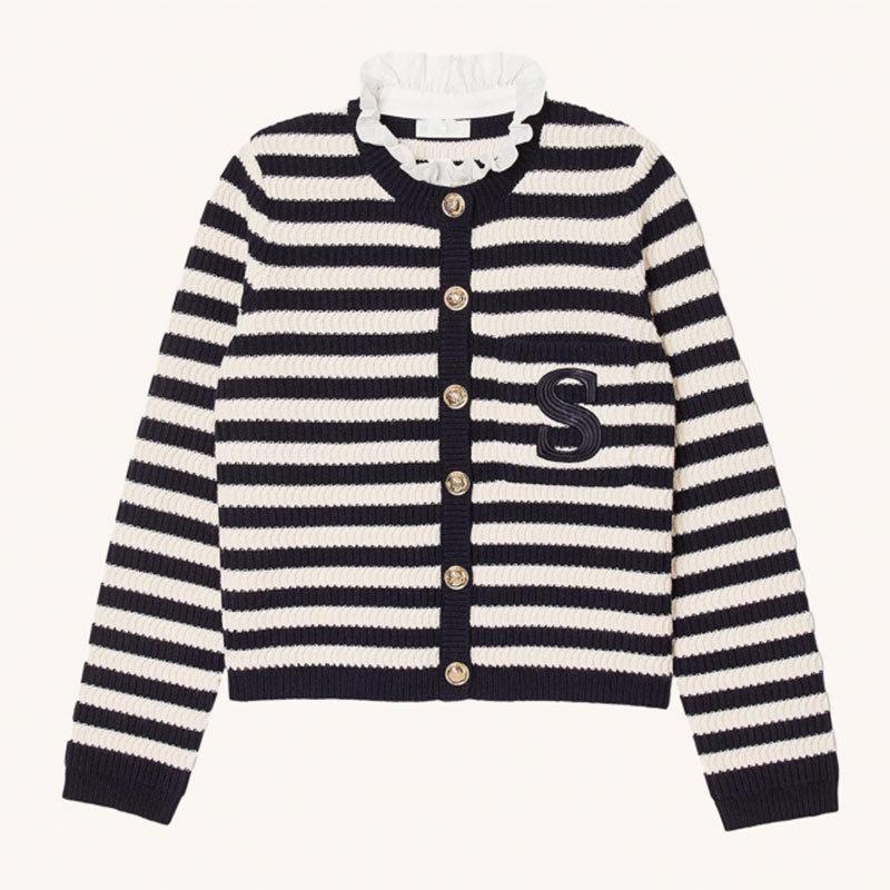 

2023 Autumn/Winter Women s Striped Knitted Cardigan with Lotus Leaf Collar - Elegant Small Fragrance Style Wool Sweater Large чёрный