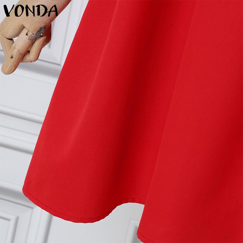 VONDA Summer Women Half Sleeve Bow Knot Casual Pleated Tunic Dress