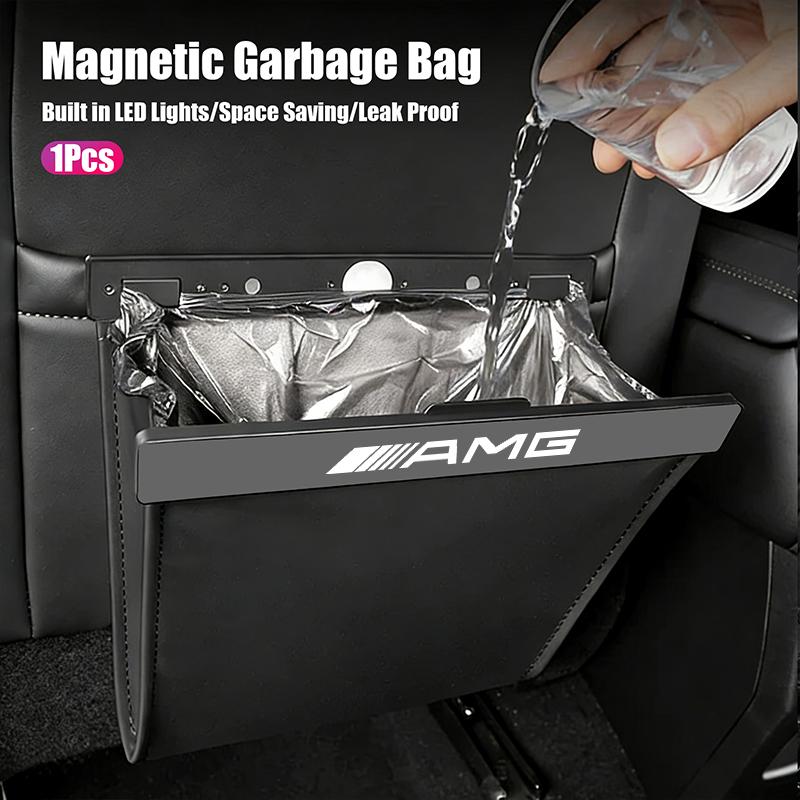 Car Garbage Bag LED Waterproof Magnetic Adsorption Leather Storage Pocket Accessories Car Decal For Mercedes Benz AMG W214 W205