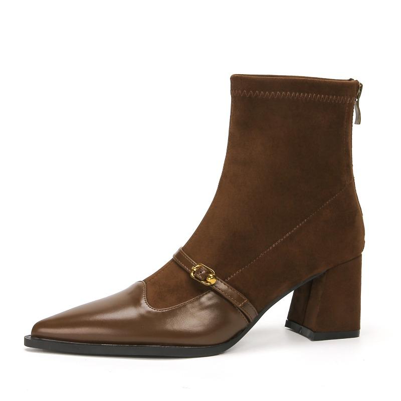 Fashion Women's Riding Boots Autumn Winter Fashion Pointed-toe Design Short Boots Zippers  Back Slim Low-heeled Nude Boots Bottes Femmes