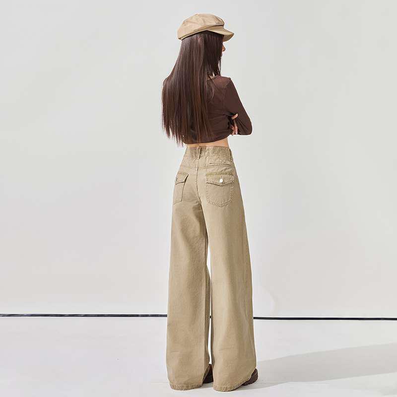 Khaki Low-Waist Washed Straight-Leg Retro Women s Casual Pants L