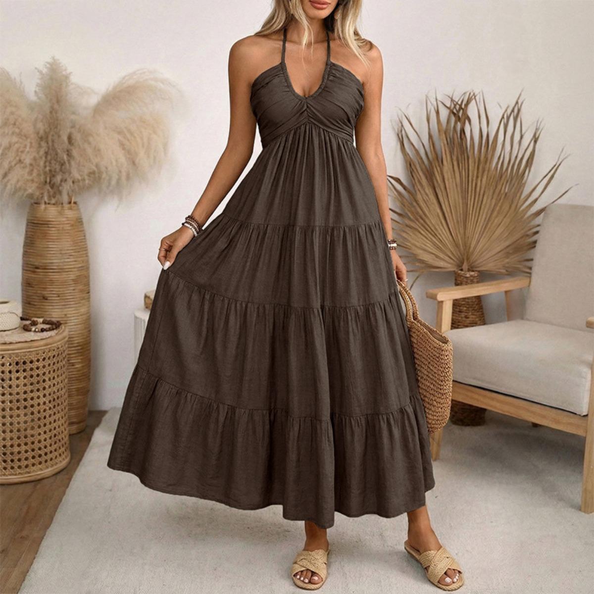 

New European American Style Solid Color Halter Neck Multi-layer Ruffle Swing Casual Vacation Dress S