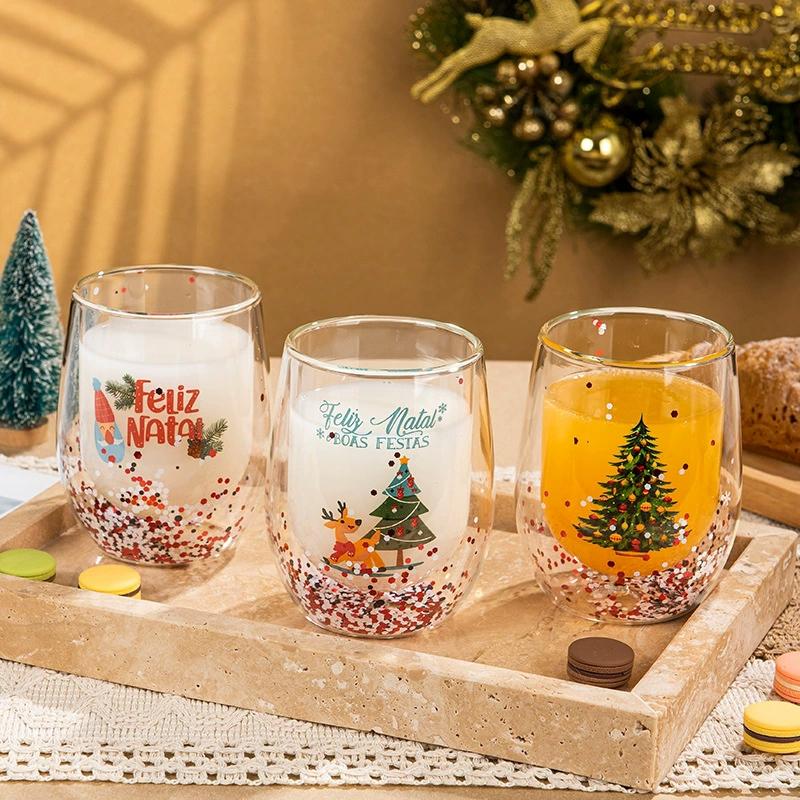 Glass Cup Christmas Double Wall Glass Cup Coffee Milk Mug Transparent Water Bottle Heat-resistant Anti Scald Double-layer Cup