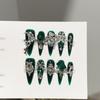 Green Press On Nails Almond Fake Nails French Tip False Nails with Design Glossy Full Cover Acrylic Glue On Nails Artificial Stick On Nails for Women