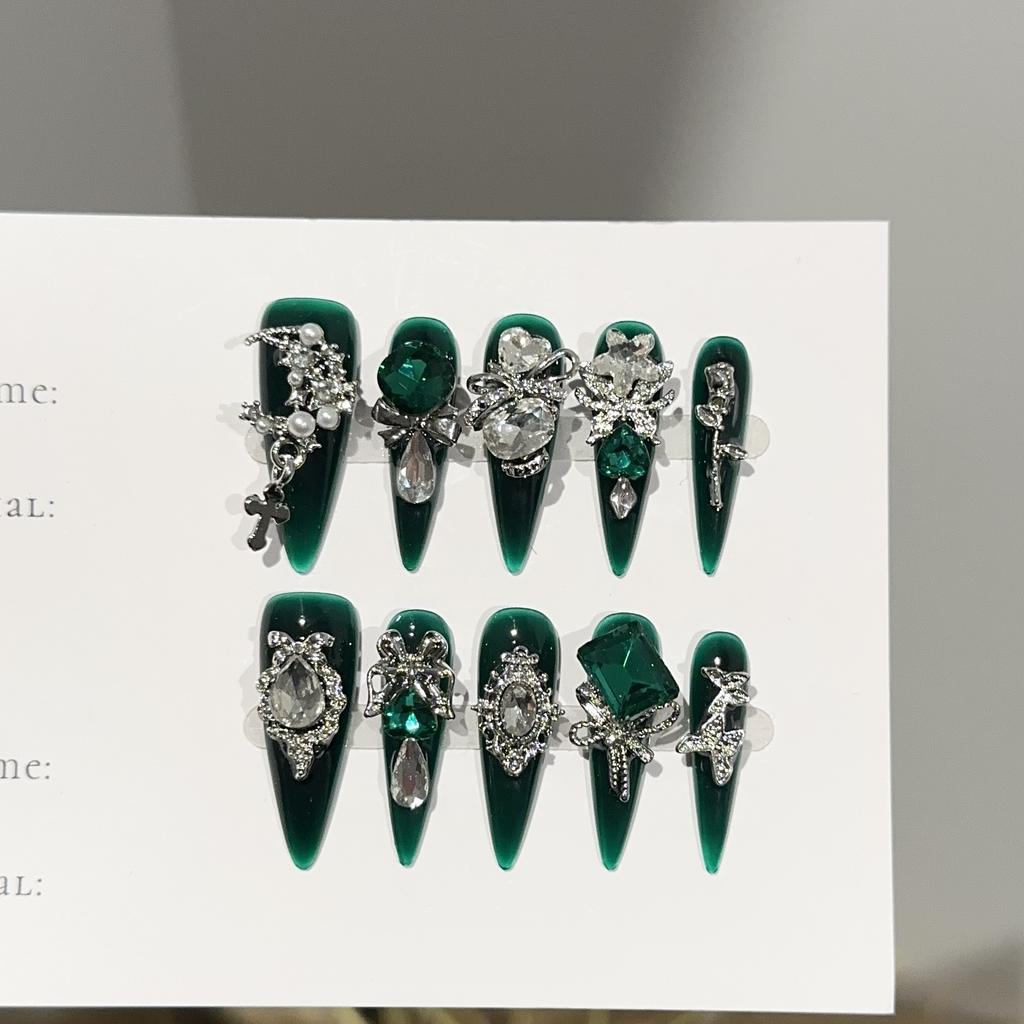 Green Press On Nails Almond Fake Nails French Tip False Nails with Design Glossy Full Cover Acrylic Glue On Nails Artificial Stick On Nails for Women