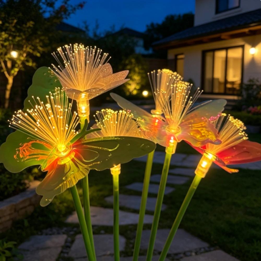 Solar Butterfly & Flower Fiber Optic Lights, Color Changing Landscape Lamp, Outdoor Garden Pathway Stake Light