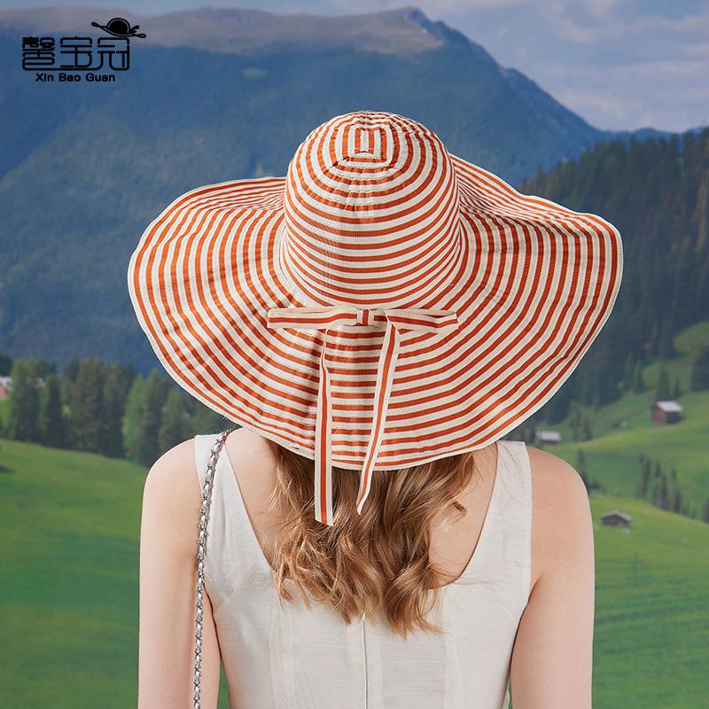 Gestreifter Sonnenhut mit Schleife für Damen Sommerausflug großer Krempe Sonnenhut faltbar temperamentvoll vielseitiger Fischerhut