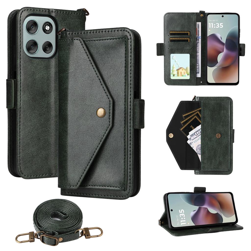 For Motorola Moto G56 5G Leather Case Magnetic Closure Wallet Stand Phone Cover with Crossbody Strap