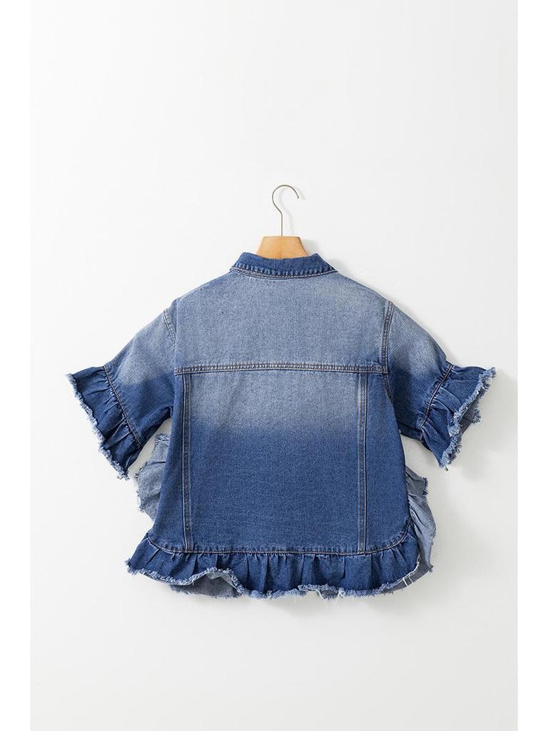 Frühling/Sommer 2025 Damen Europäisch-Amerikanische Gradient Ausgefranste Jeansjacke - Einreihig, Mehrknöpfig, Locker Geschnittenes Mode-Oberteil