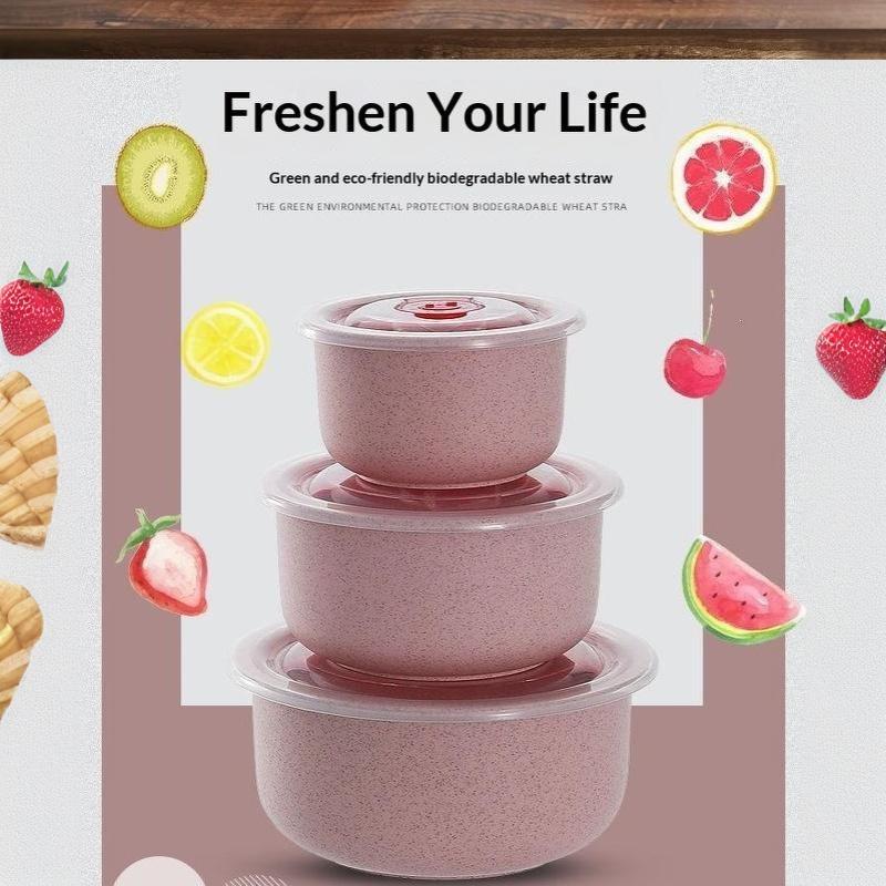 3Pcs Wheat Straw Fresh-Keeping Bowl Three-Piece Set With Lid For Home Microwaveable Plastic Round Lunch Box