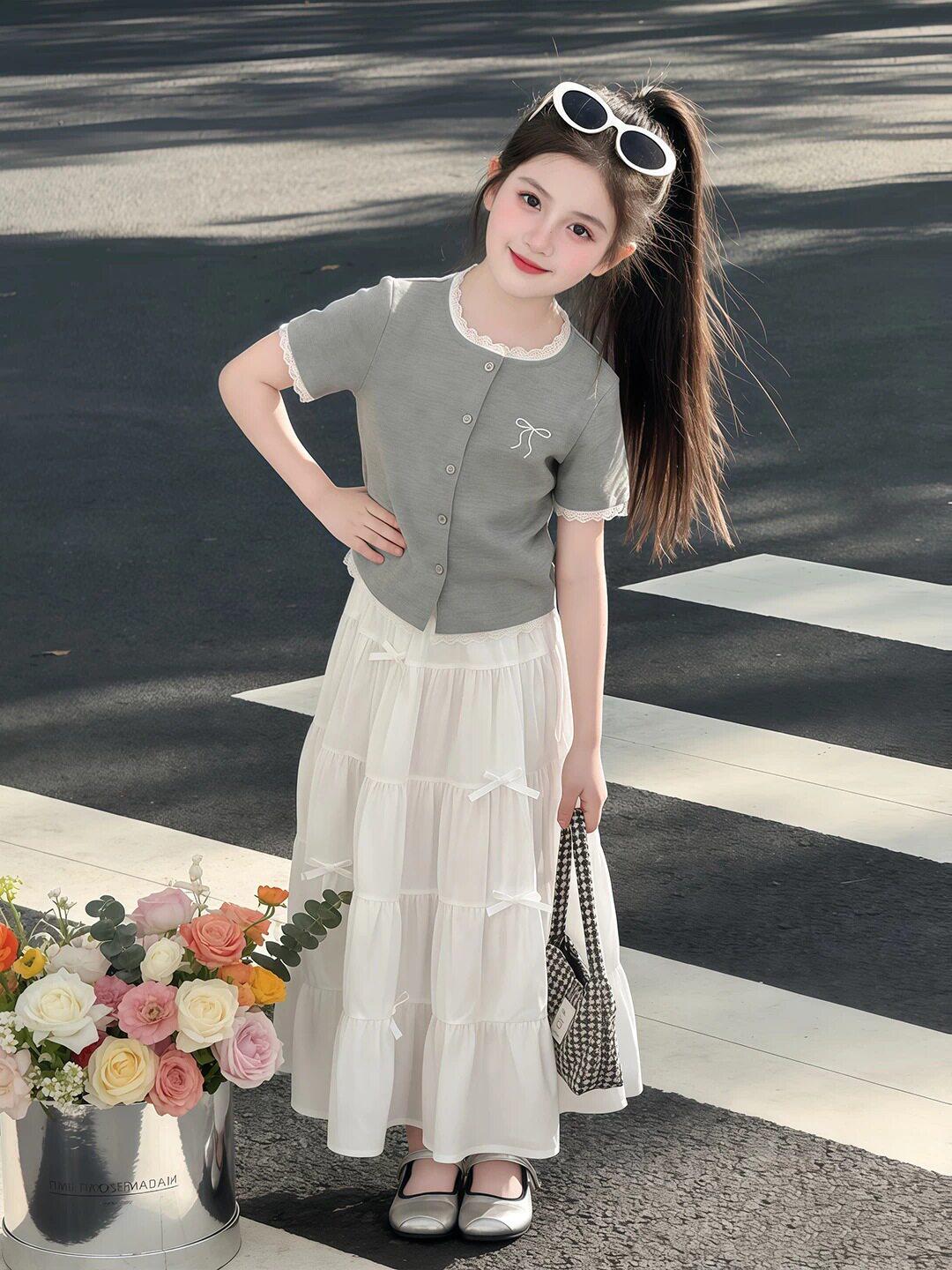 Girls Summer Casual Two-Piece Set - Fashionable Short-Sleeve T-Shirt & Skirt 160 cm