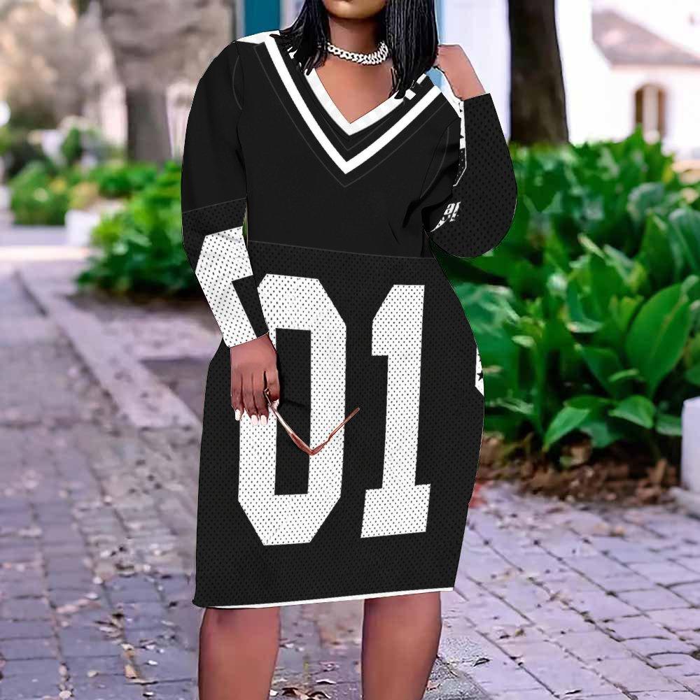 Women Plus Size V Neck Long Sleeve Geometric Printed Straight Dress White Black Orange