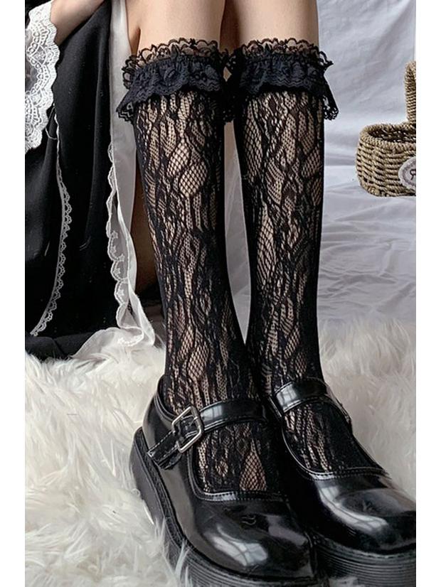 Women's Japanese JK Black & White Lace Slimming Mid-Calf Stockings - Summer/Spring/Autumn