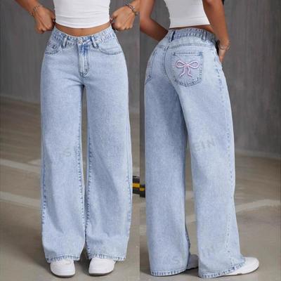 Kadın Arka Cepli Fiyonk İşlemeli Moda Geniş Paça Pantolon Çok Yönlü Yıkanmış Denim Pantolon