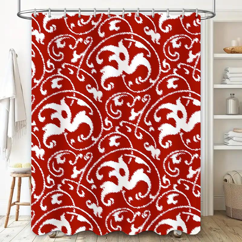 Red White Floral Pattern Shower Curtain Waterproof Bathroom Decor Home Decoration Wall Hanging Tiled Tiles Print Bath Mat Red/Wh
