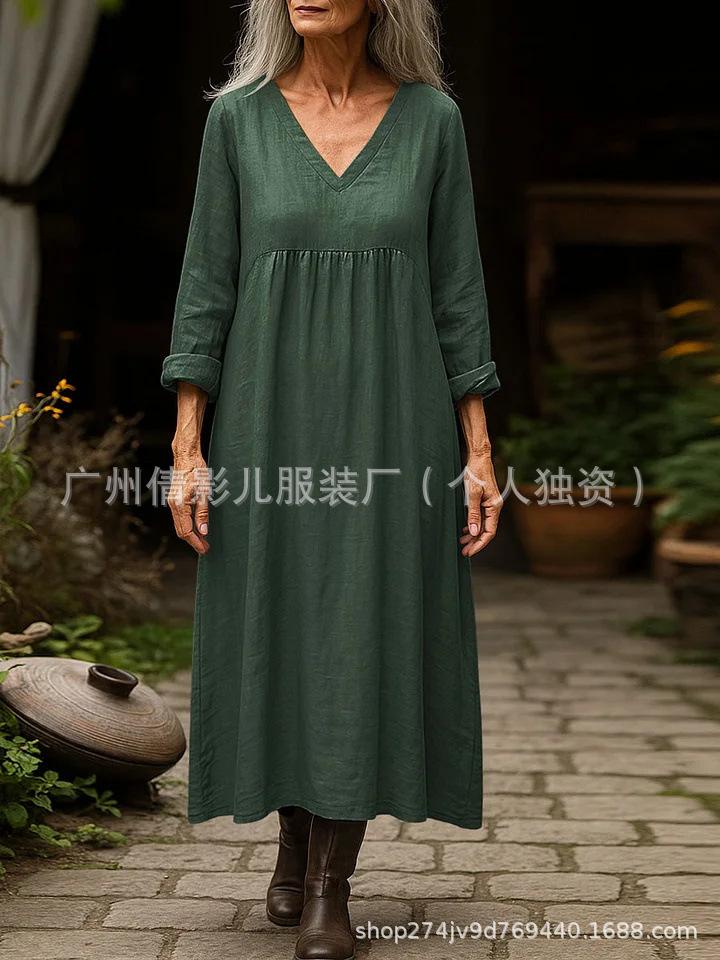 2025 Locker geschnittenes V-Ausschnitt Baumwollleinenkleid