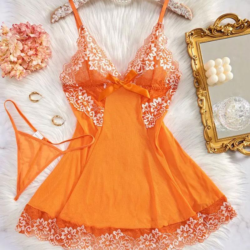Transparent Thin Style G-string Lace Ruffle Trim Lingerie Set Women Nightgowns Sleeveless Sleepwear Sexy V-Neck Bra Panty Sets