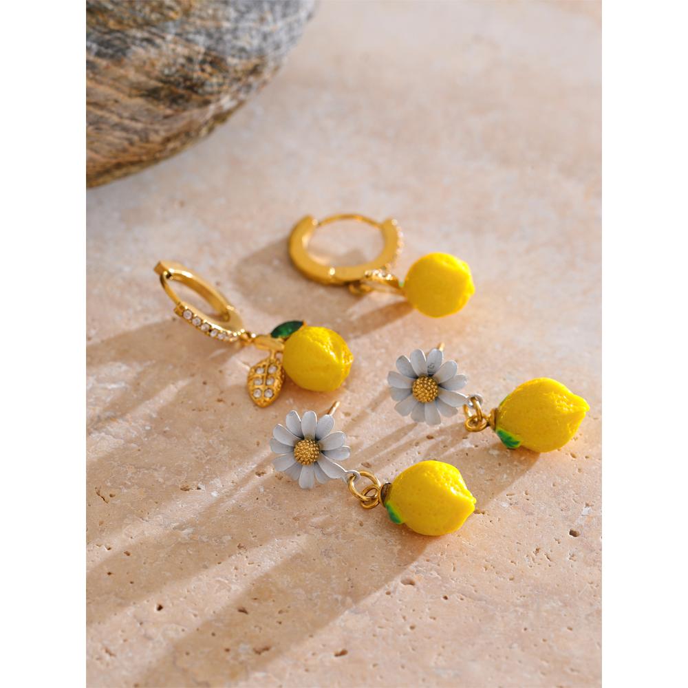 Eetit Fashion Yellow Resin Zirconia Fruit Lemon Dangle Earrings for Women Stainless Steel Arrivals Chic Jewelry Wholesale