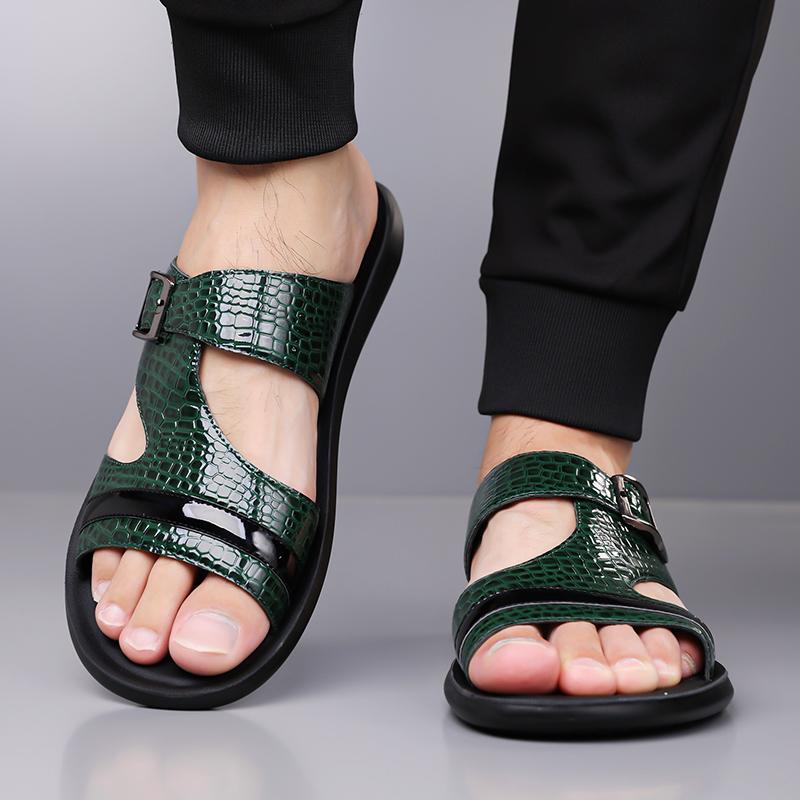 Men Black Leather Slippers Simple Flats Summer White Outdoor Roman Sandals Blue Green Open Toe Beach Shoes Plus Size