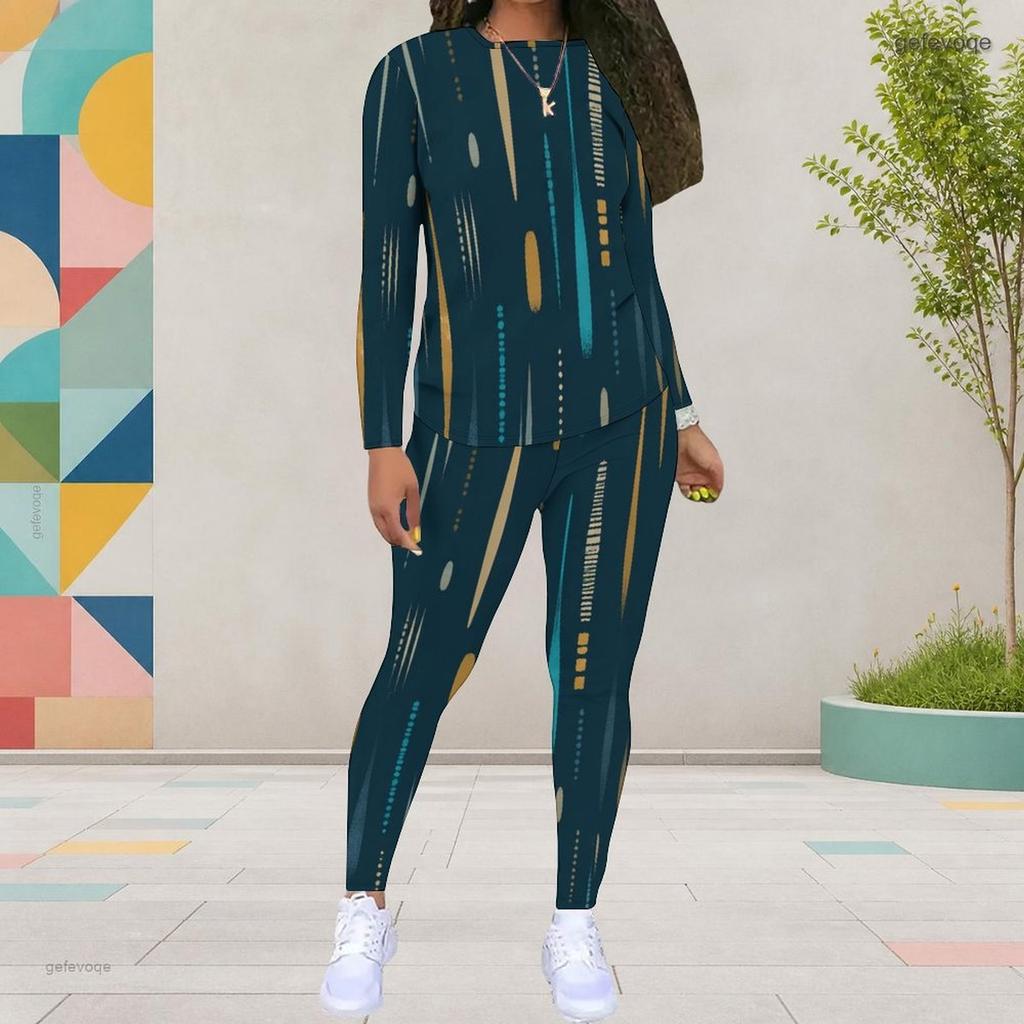 Women Plus Size Colorful Printed Round Neck Long Sleeve Top And Fitted Pants Two Piece Set