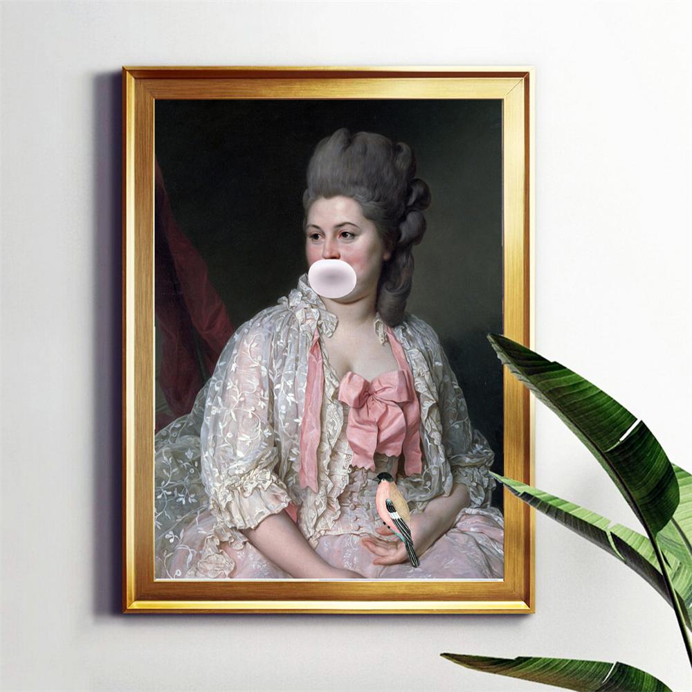 Fuuny Bubblegum Woman Portrait Prints Quirky Feminist Print Canvas Painting Altered Renaissance Portrait Art Canvas Painting