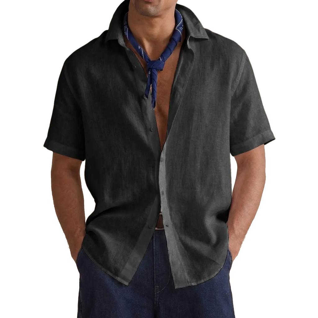 Men's Casual Button-down Loose Short-sleeved Shirt - Men's Plain Cotton Breathable Shirt Top
