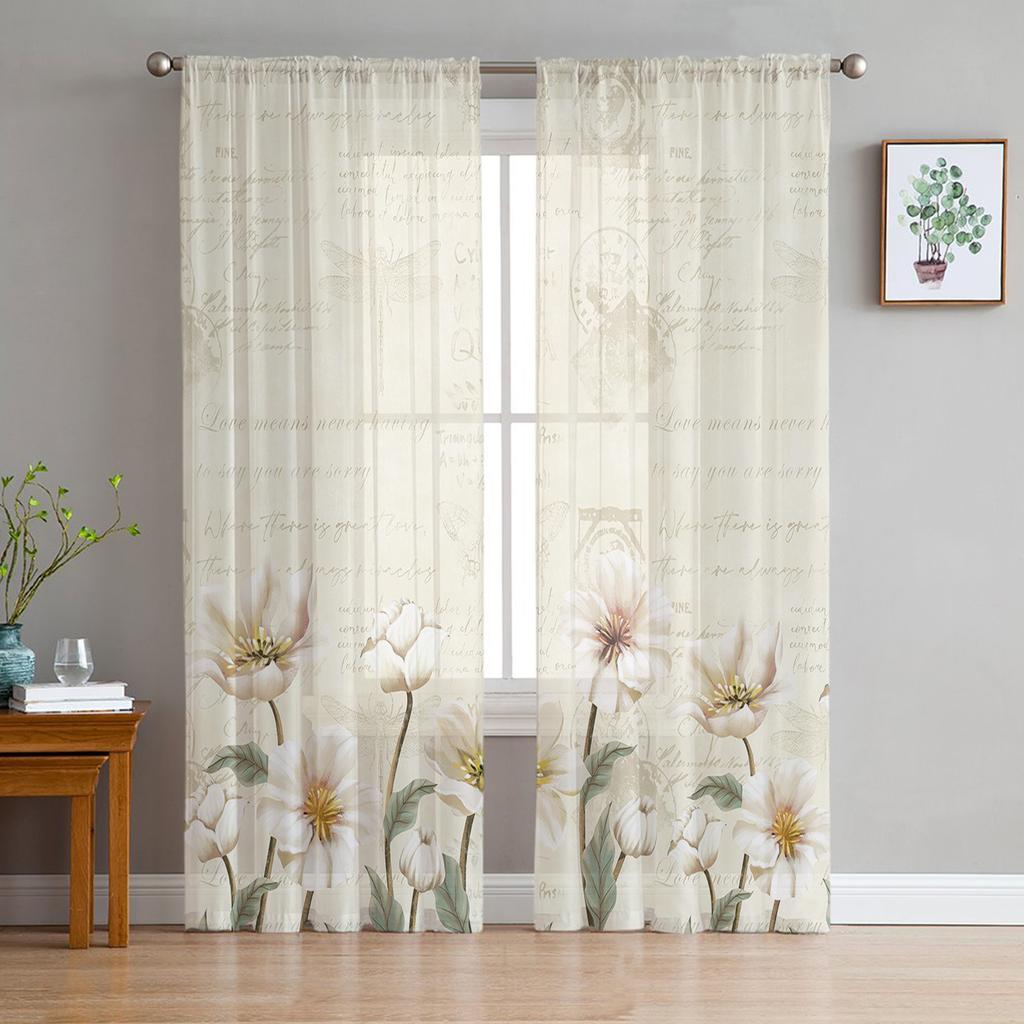 Rustic Vintage Tulips Flowers Sheer Voile Window Curtains Tulle Curtains Living Room Balcony Decoration Drapes