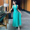 French Neck Bead Dress Women's Lake Green Backless Strap Waist and Thin New Seaside Vacation Beach Dress
