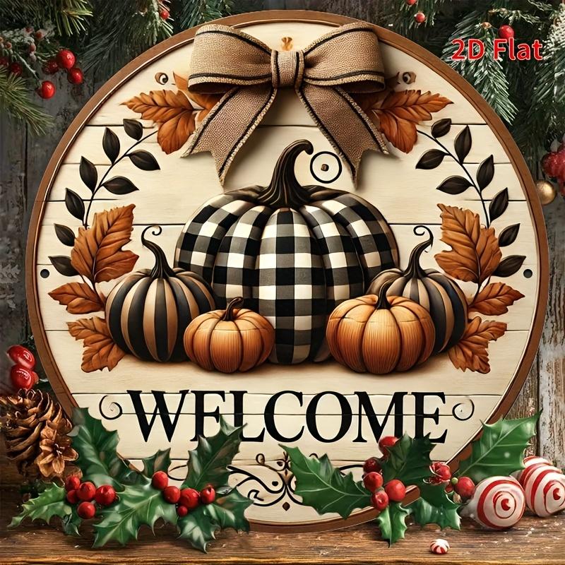 Floral Wreath Welcome Sign. 8" round aluminum plaque for garden, porch & farmhouse decor.