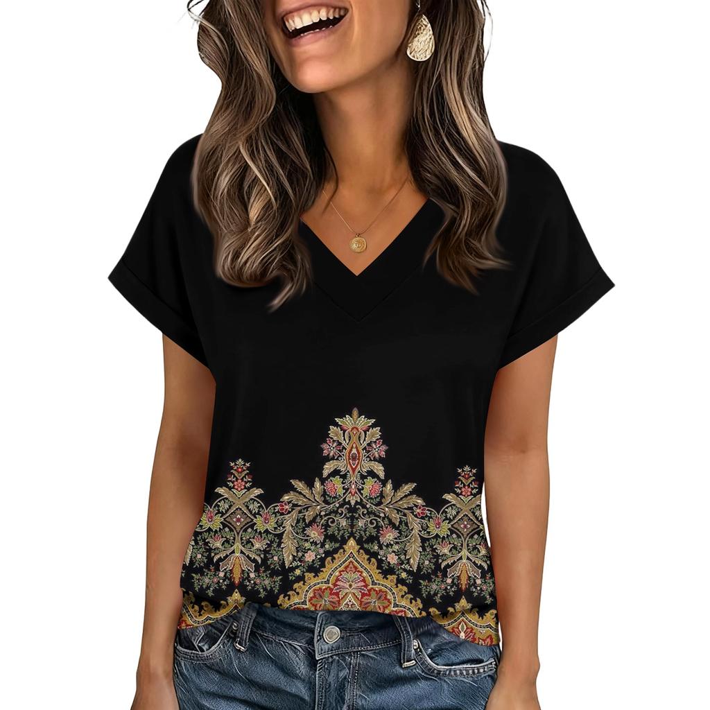 Damen Sommer Oberteile Kurzarm V-Ausschnitt Hemden Lässig Elegant Sommer Blusen Tunika Top