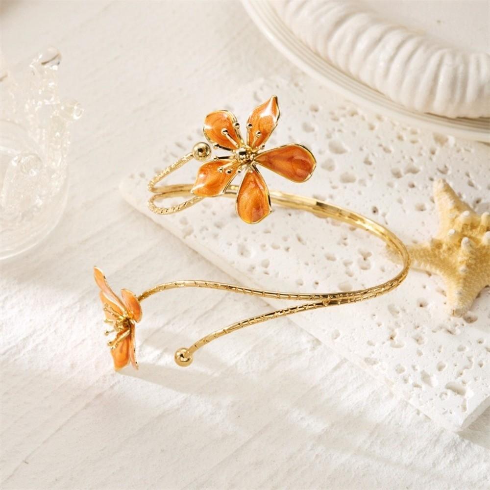 Vintage Style Enamel Flower Cuff Armlet Gold Color Open Arm Ring  Special Occasion