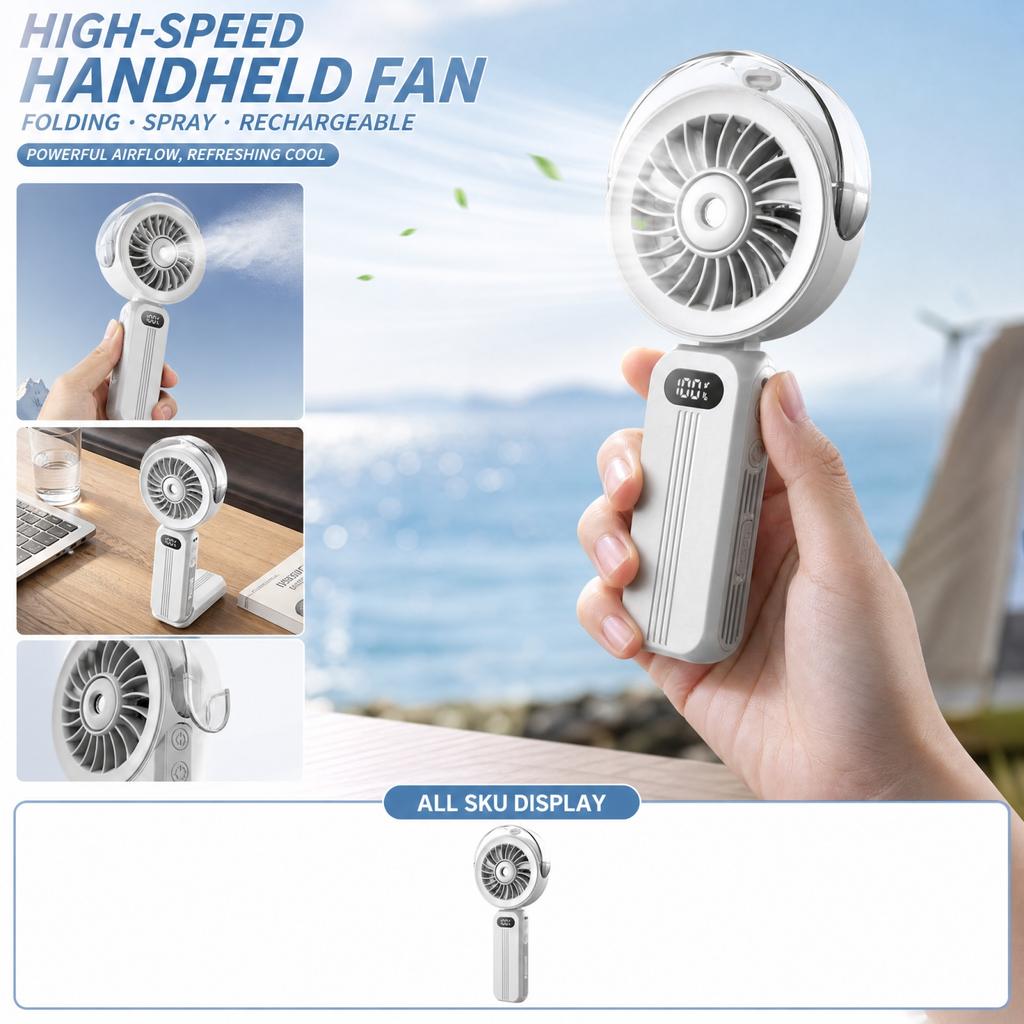 Portable Handheld Fan with Spray Foldable Rechargeable Brushless Motor High Capacity Battery Strong Airflow for Outdoor Travel