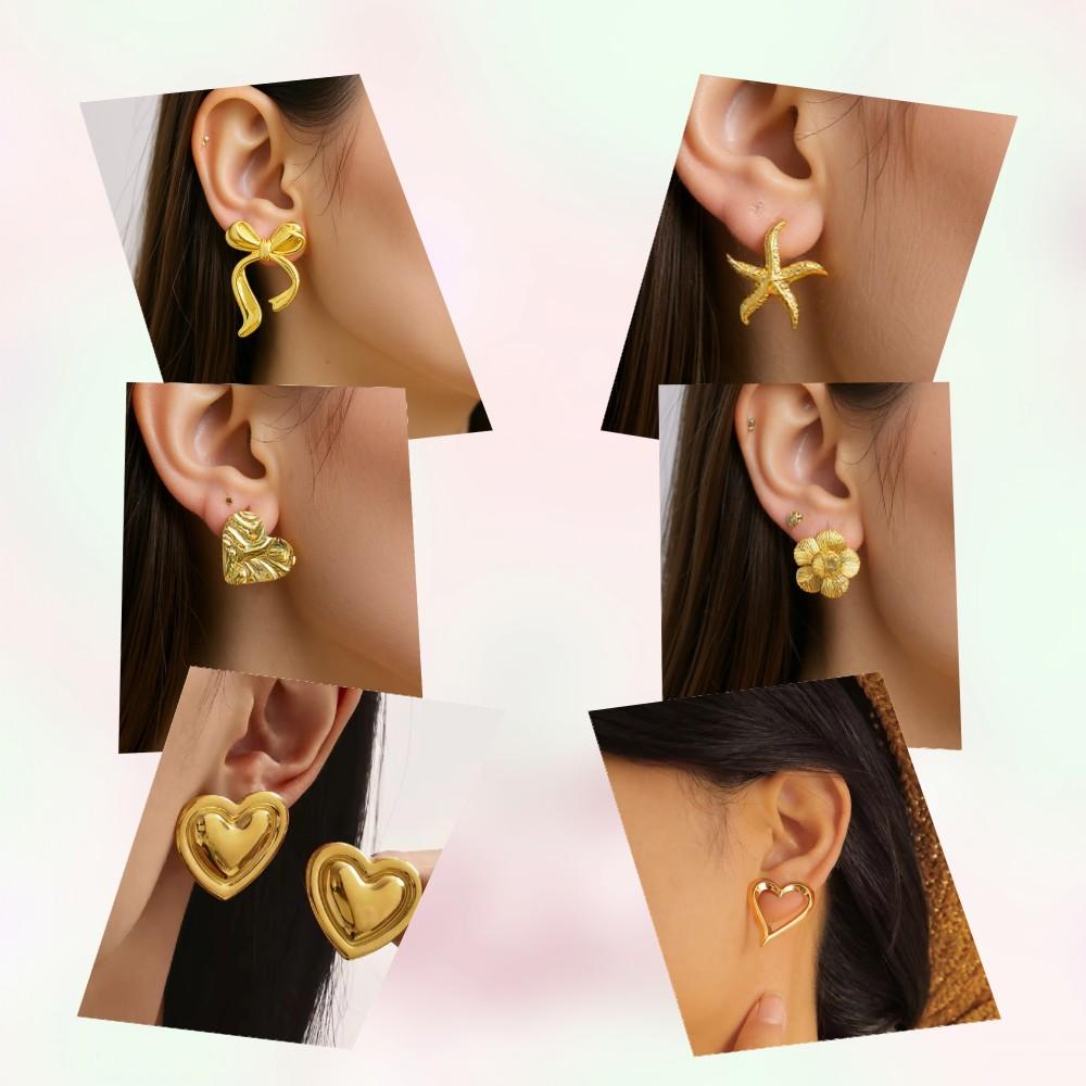 2-8 Pairs 18k Gold Plated Stainless Steel Love Statement Heart Bow Flower Water Droplets Shaped Classic Multi-Style Stud Earring