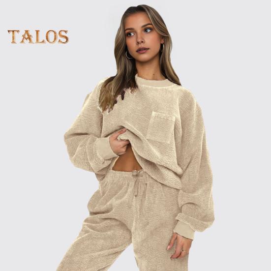 2 Pcs/Set Women Top Pants Set Long Sleeve Elastic Cuff Sweatshirt Pure Color Stretchy High Waist Ankle-banded Trousers Sport Fitness Tracksuit