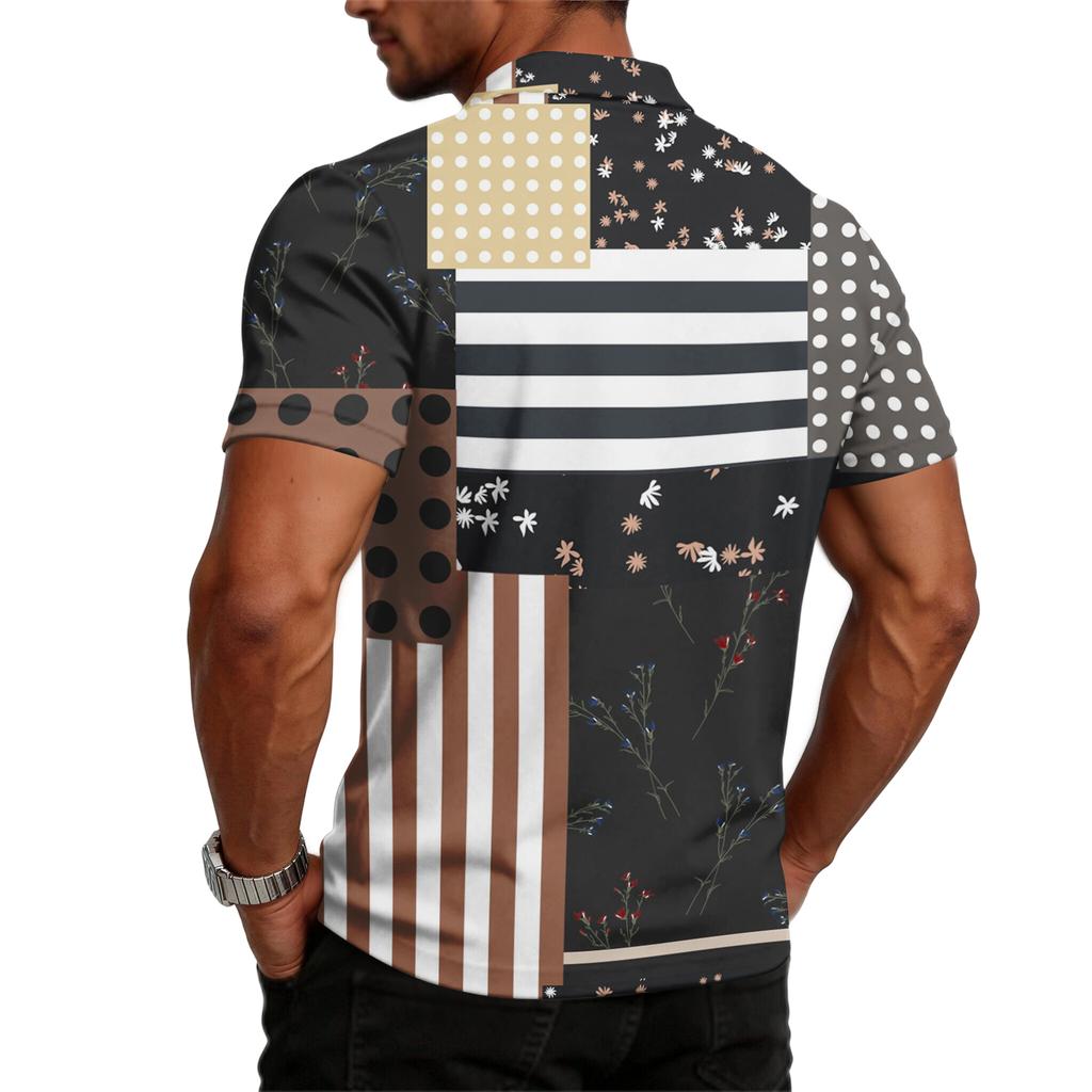 Men's Casual Loose Fit Short Sleeve Polo Shirt with Mixed Pattern Design Flag Stripes and Dots Print Lightweight Comfortable Top