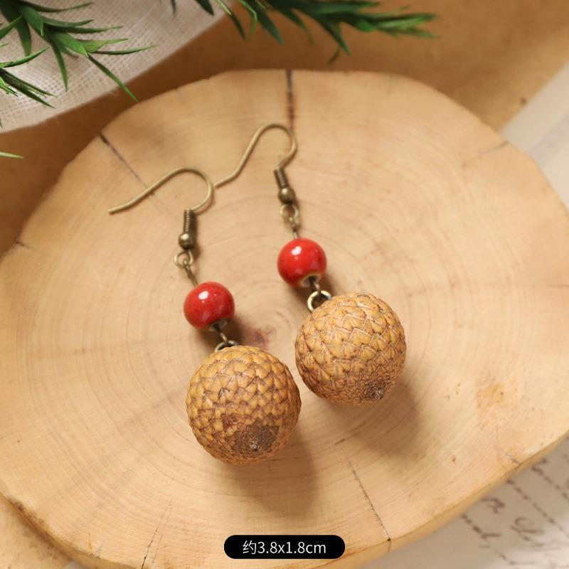 Retro Handmade Plant Fruit Earrings Pine Cone Literature and Art Chinese Medicine Dried Fruit Niche Creative Earrings Women