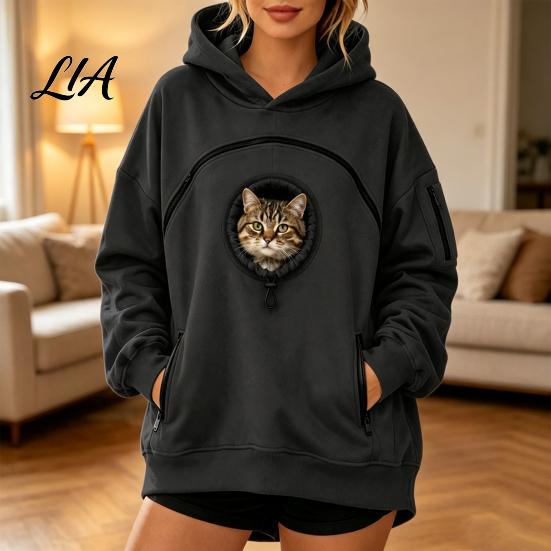 Dog Holder Hoodie Women Pet Carrier with Front Side Pockets, Solid Color Casual Hooded Loose Fit Sweatshirt Sweatshirt, Cat Carrying Pouch