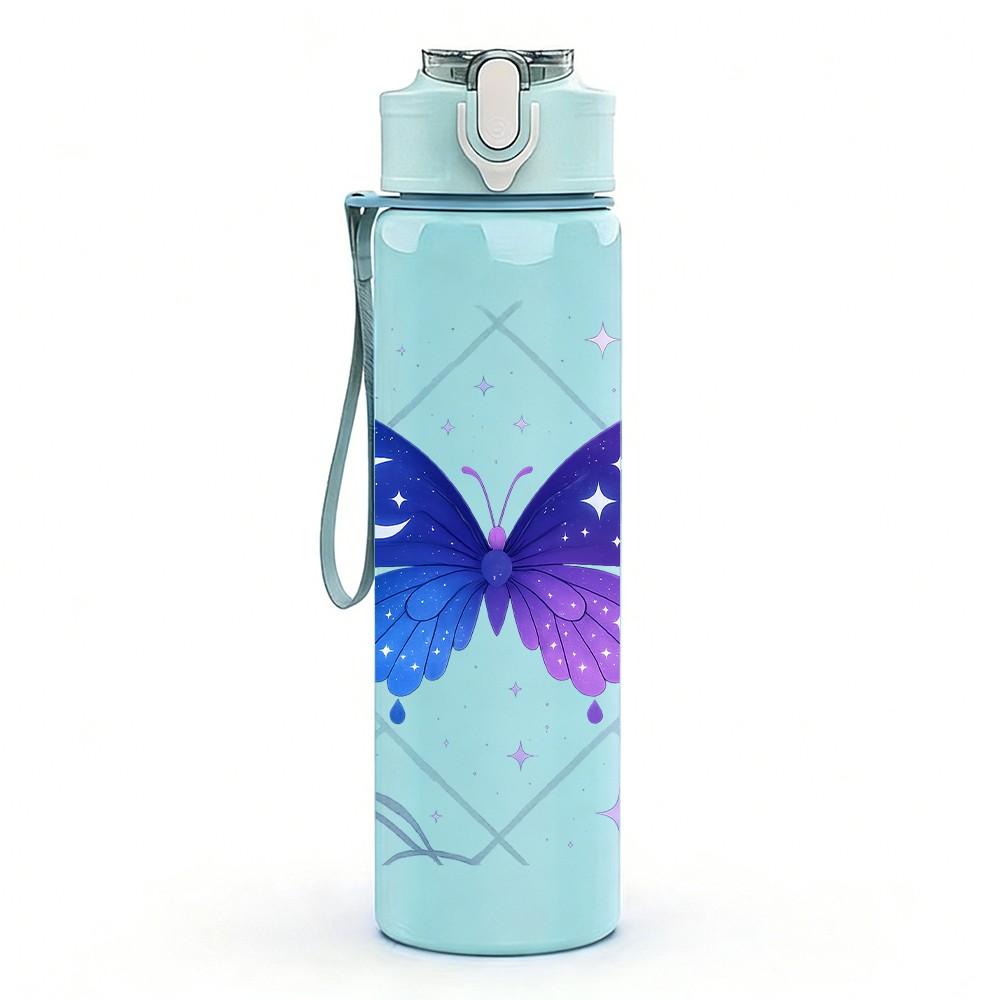 1PC Dark Purple Glowing Butterfly Magic Print 750ml Color Plastic Sports Water Bottle Leakproof Flip Straw Lid Suitable for Sports Office Home Use