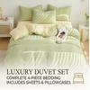 Simple Double-spun Washed Cotton Bedding Set - Plain-colored Fitted Sheet and Cover