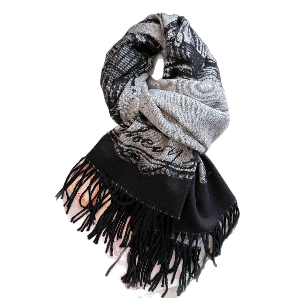 Luxury Autumn-Winter Core-Spun Yarn Scarf: Letter Style Imitation Cashmere Tassel Shawl for Warmth