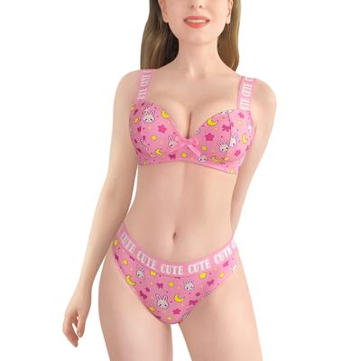 [LittleForBig] Women's 2-Piece Bralette Set (Rabbit Moon Pattern) Bra and Panty Set with Elastic Band, Size M