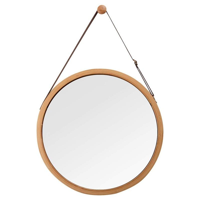 Bathroom Round mirror hanging on the wall and bedroom Solid bamboo frame and adjustable leather strap | bathroom mirrors